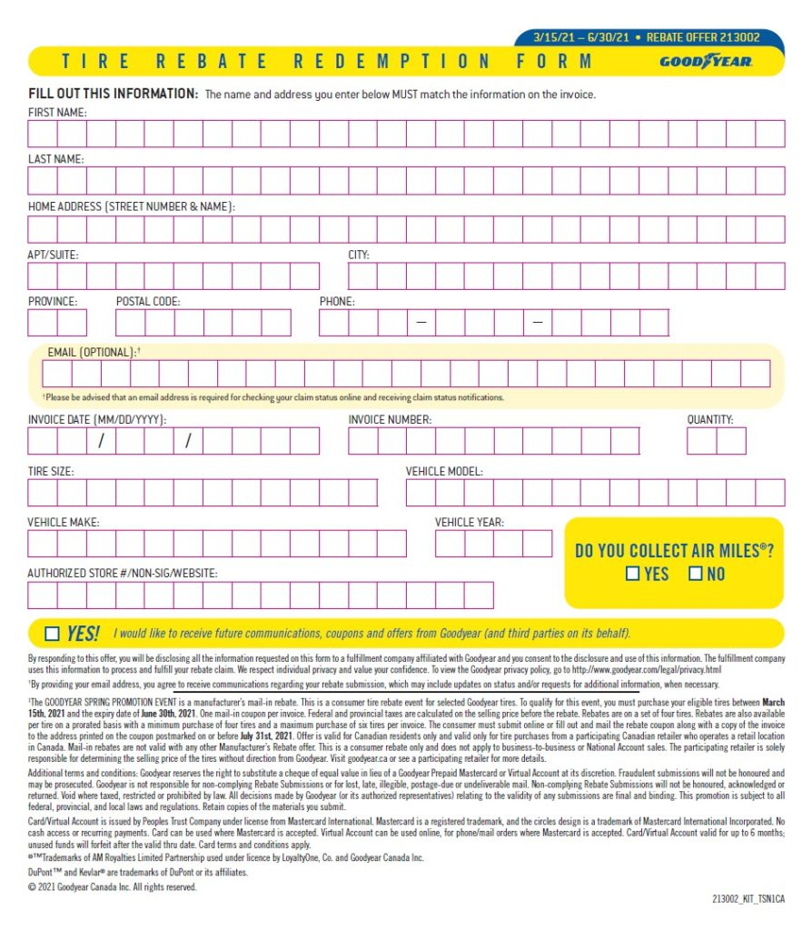 Goodyear Rebate Form 2021 Printable Rebate Form