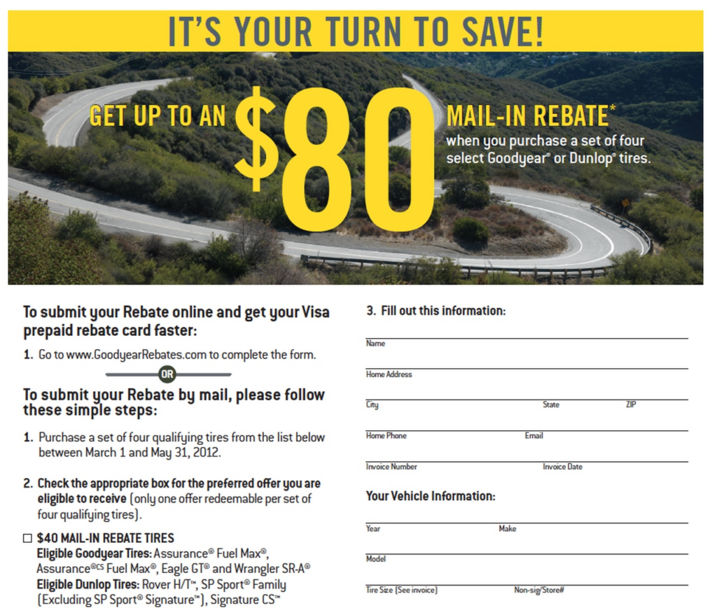Up To 80 Goodyear Or Dunlop Tires Rebate When You Buy A Set Of 4 
