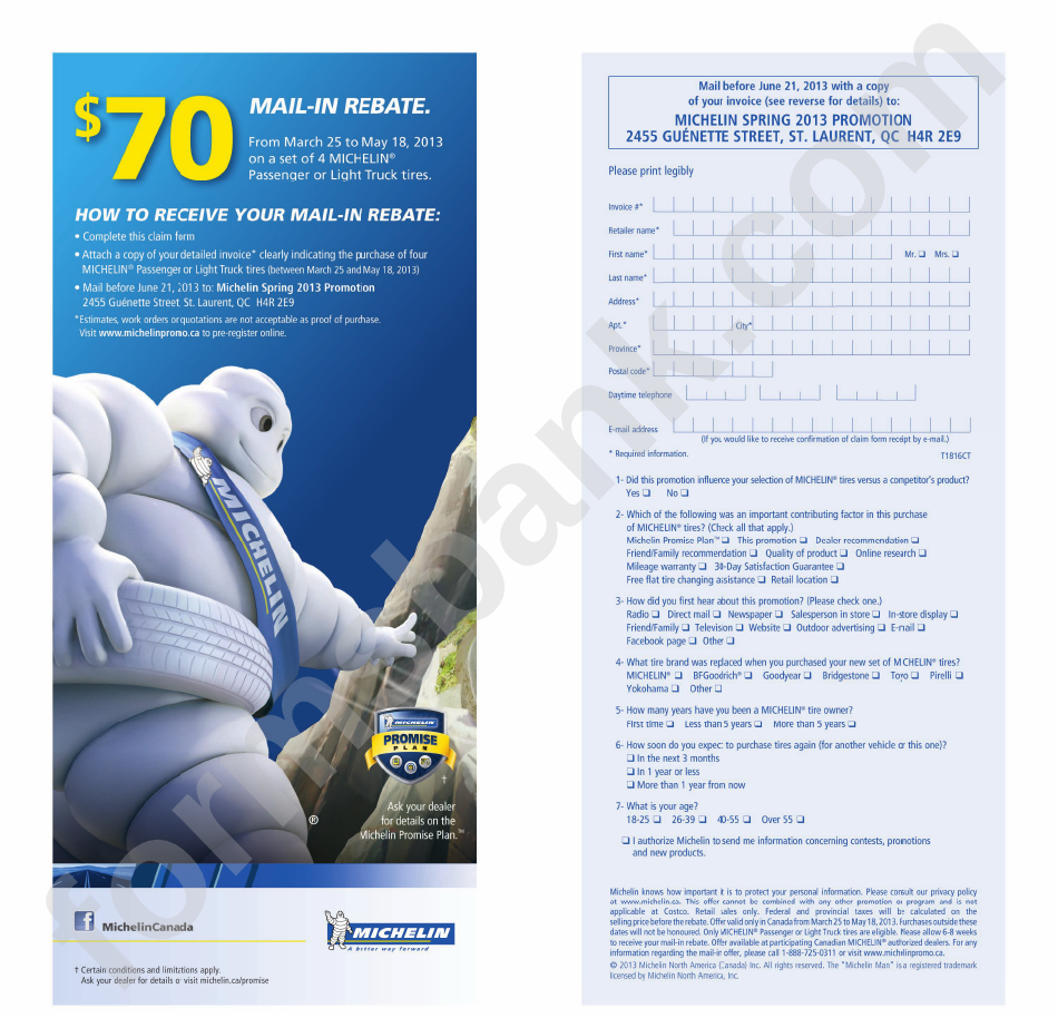 70 Mail In Rebate Michelin Printable Pdf Download